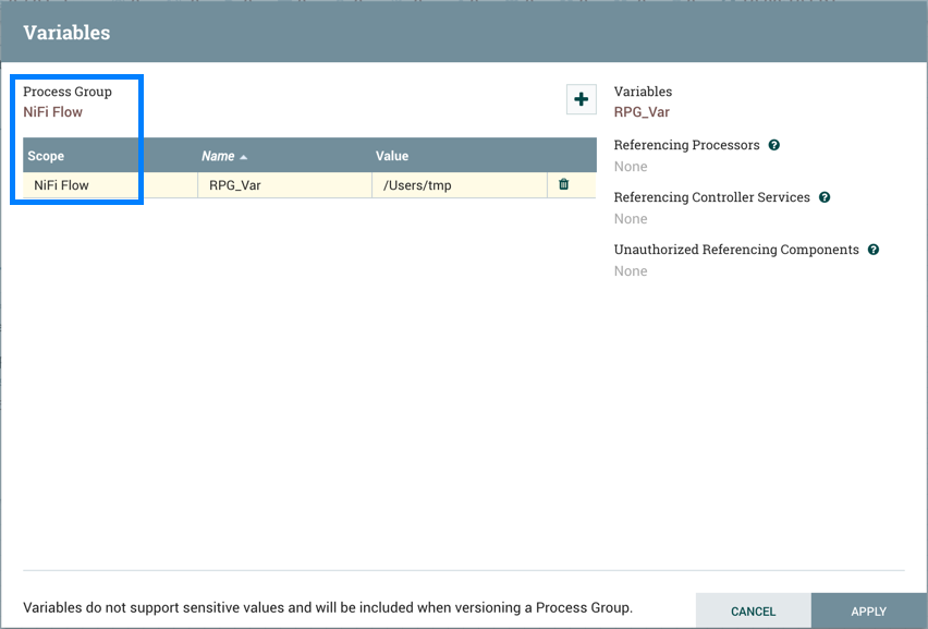 Root Process Group Defined Variable